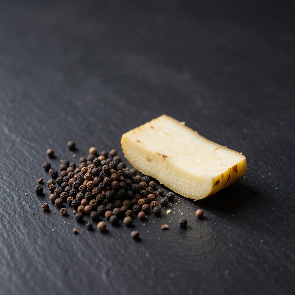 Kapsułki, pieprz czarny i plaster świeżego imbiru na ciemnym stole