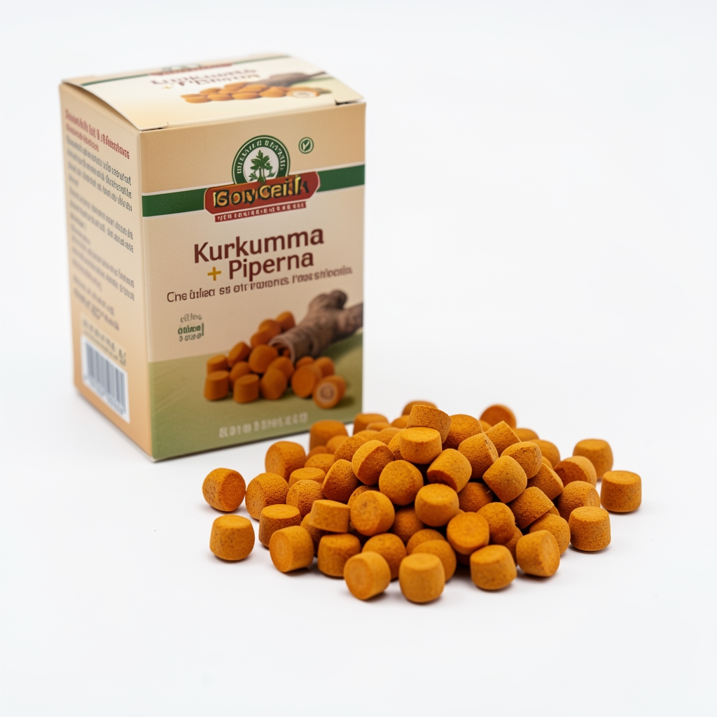 Zbliżenie na kapsułki Kurkuma + Piperyna wysypane na białym tle obok opakowania produktu